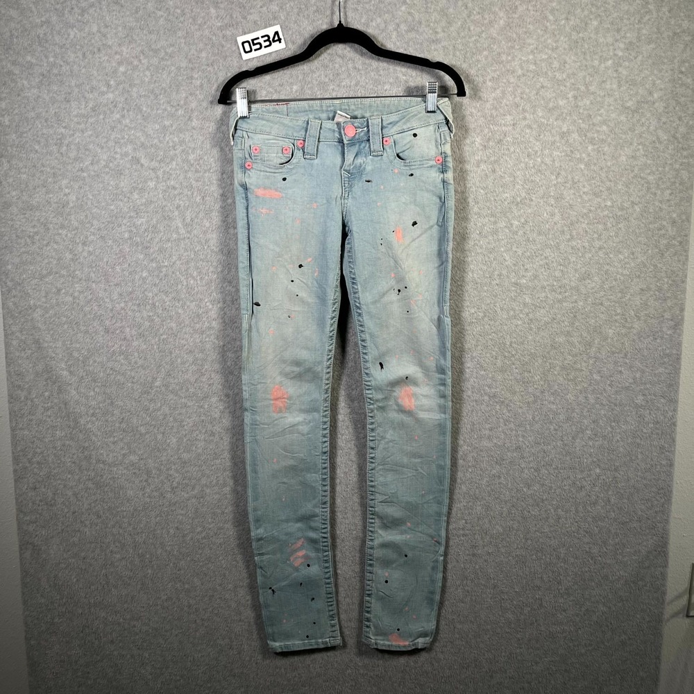 True Religion Jeans Womens 25 Blue Denim Medium Wash Pink Paint Splatter Skinny